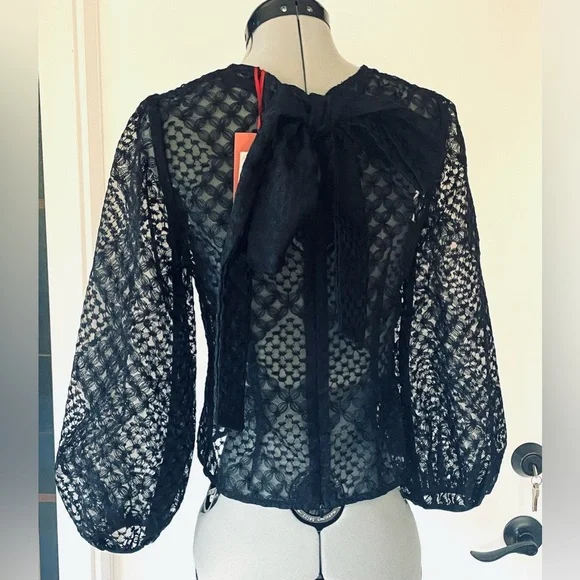 Love Bonito Studio NWT lace long sleeved top, tie back, black, semi sheer, XS - Picture 3 of 9